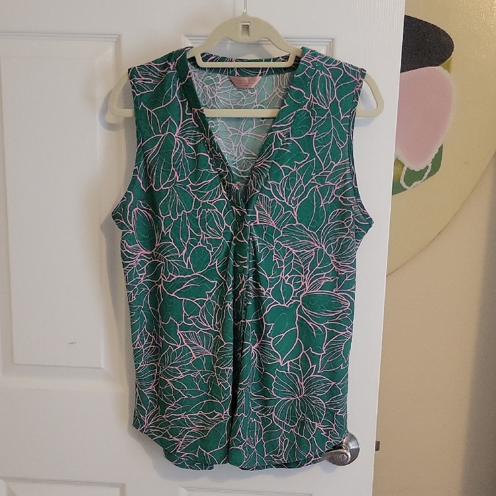 Amana SzLG Elegant Green and Pink Floral vneck button down Blouse